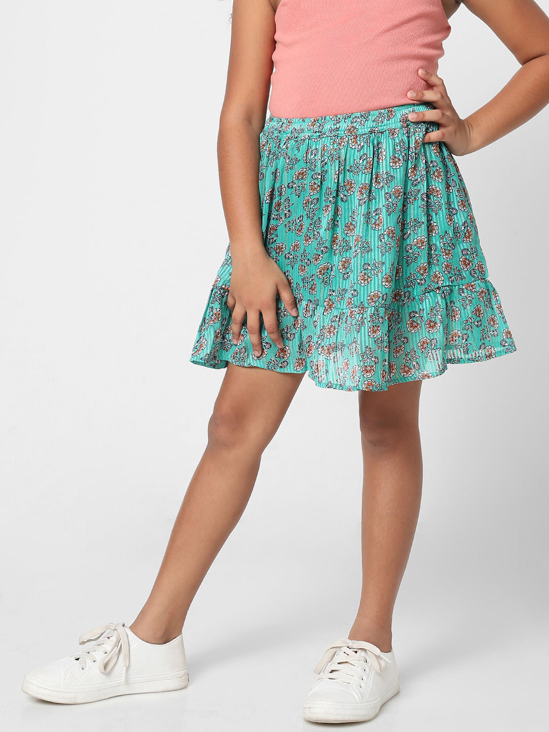 Girls Green Floral Lurex Skirt