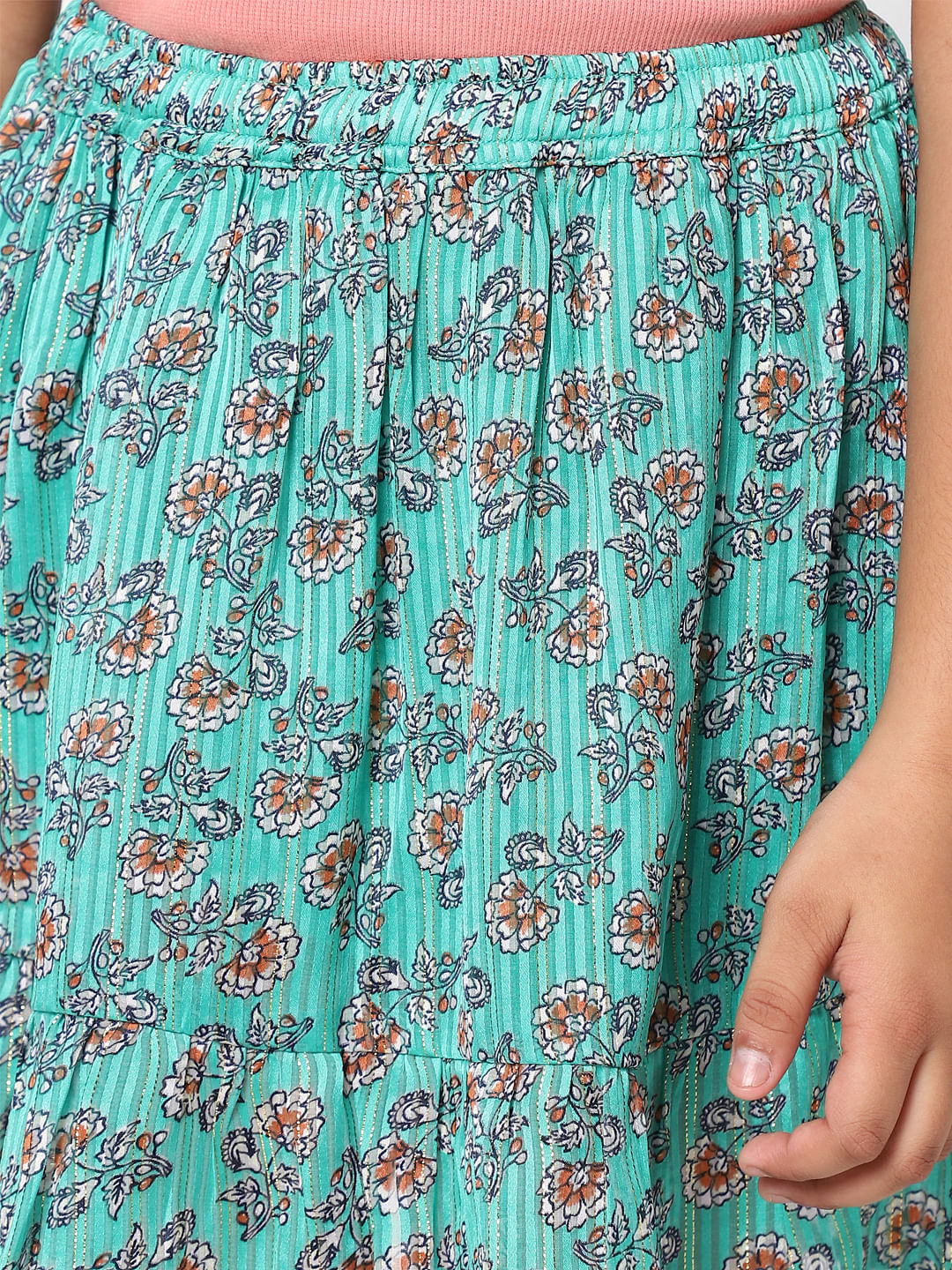 Girls Green Floral Lurex Skirt