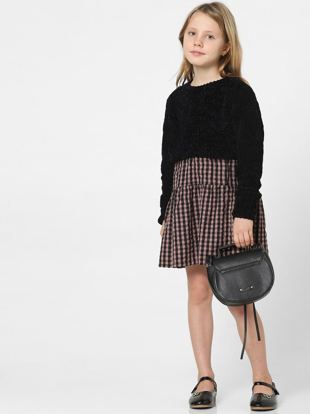 Girls Black Check Print Skirt
