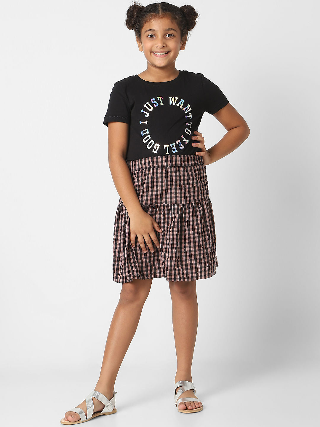 Girls Black Check Print Skirt