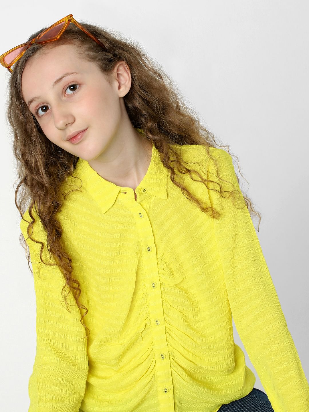 Girls Yellow Self-Print Shirt