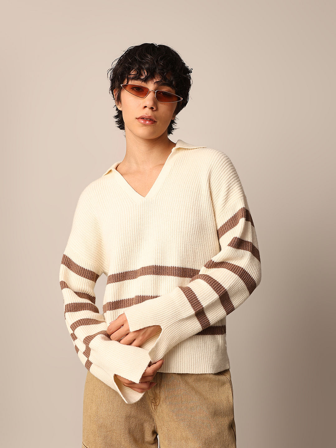 Beige Collared Striped Pullover