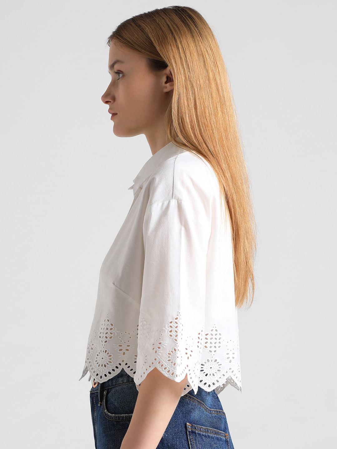 White Schiffli Hem Cropped Shirt