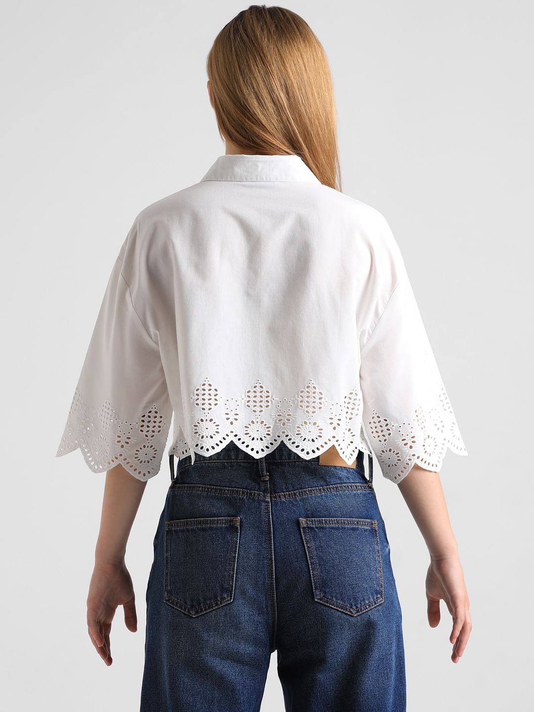 White Schiffli Hem Cropped Shirt