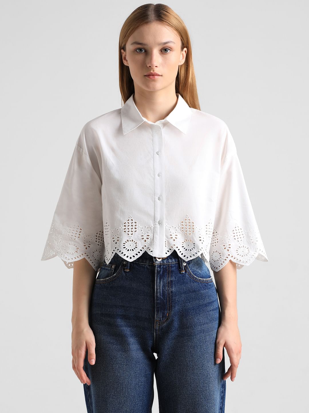 White Schiffli Hem Cropped Shirt