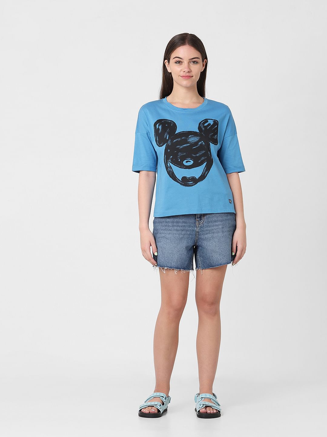 Only X Mickey Blue Graphic Print T-Shirt