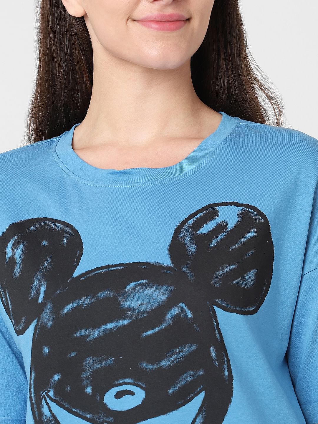Only X Mickey Blue Graphic Print T-Shirt