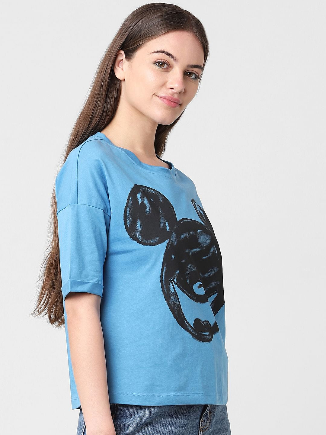 Only X Mickey Blue Graphic Print T-Shirt