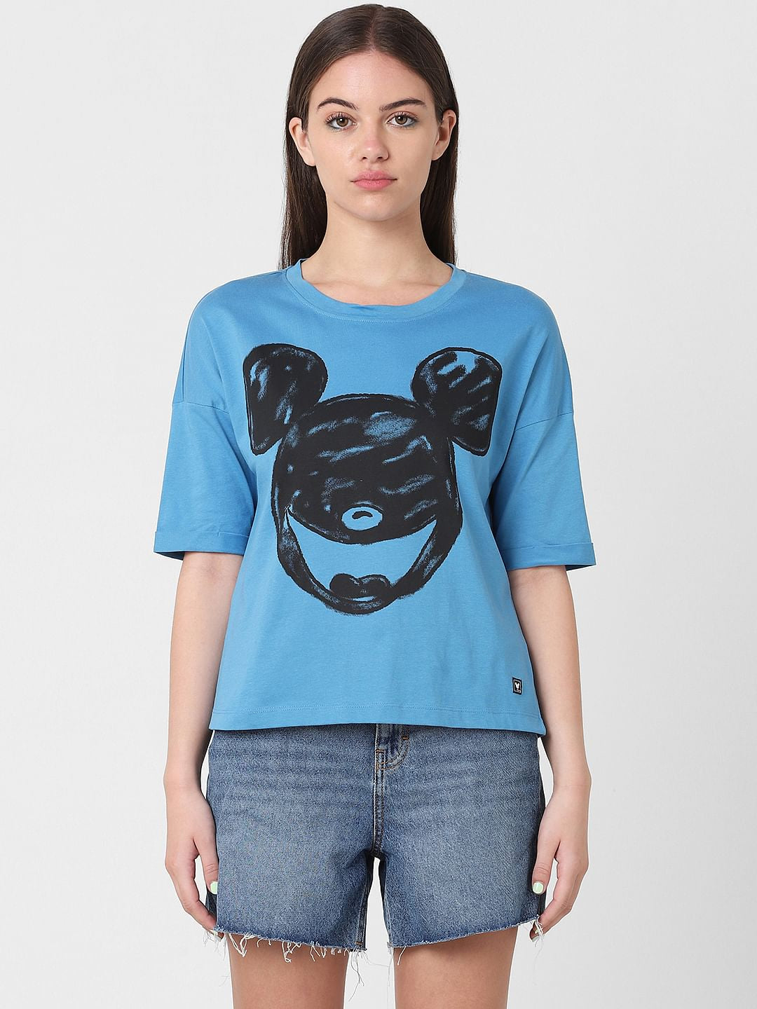 Only X Mickey Blue Graphic Print T-Shirt