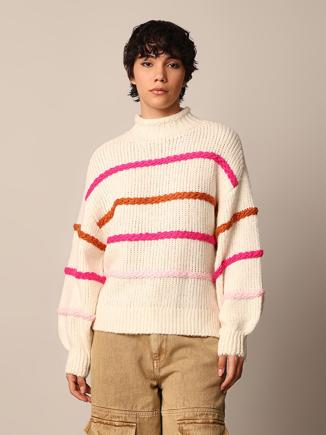 Cream Horizontal Striped Pullover