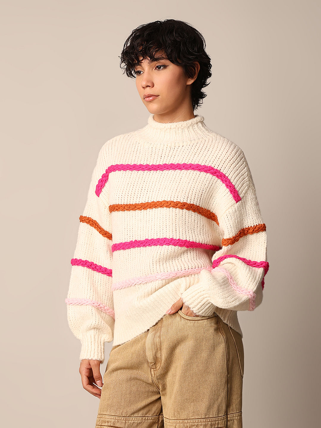 Cream Horizontal Striped Pullover