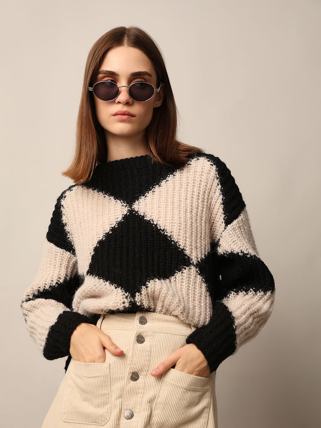 Black Rib Knit Colourblocked Pullover