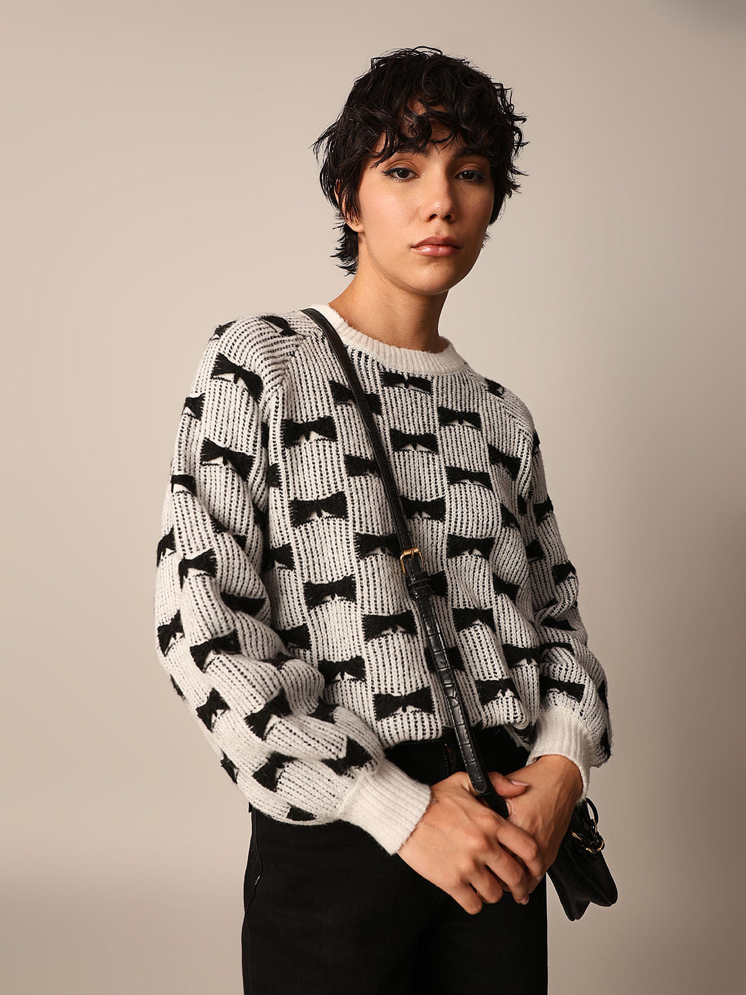 White Bow Detail Jacquard Pullover