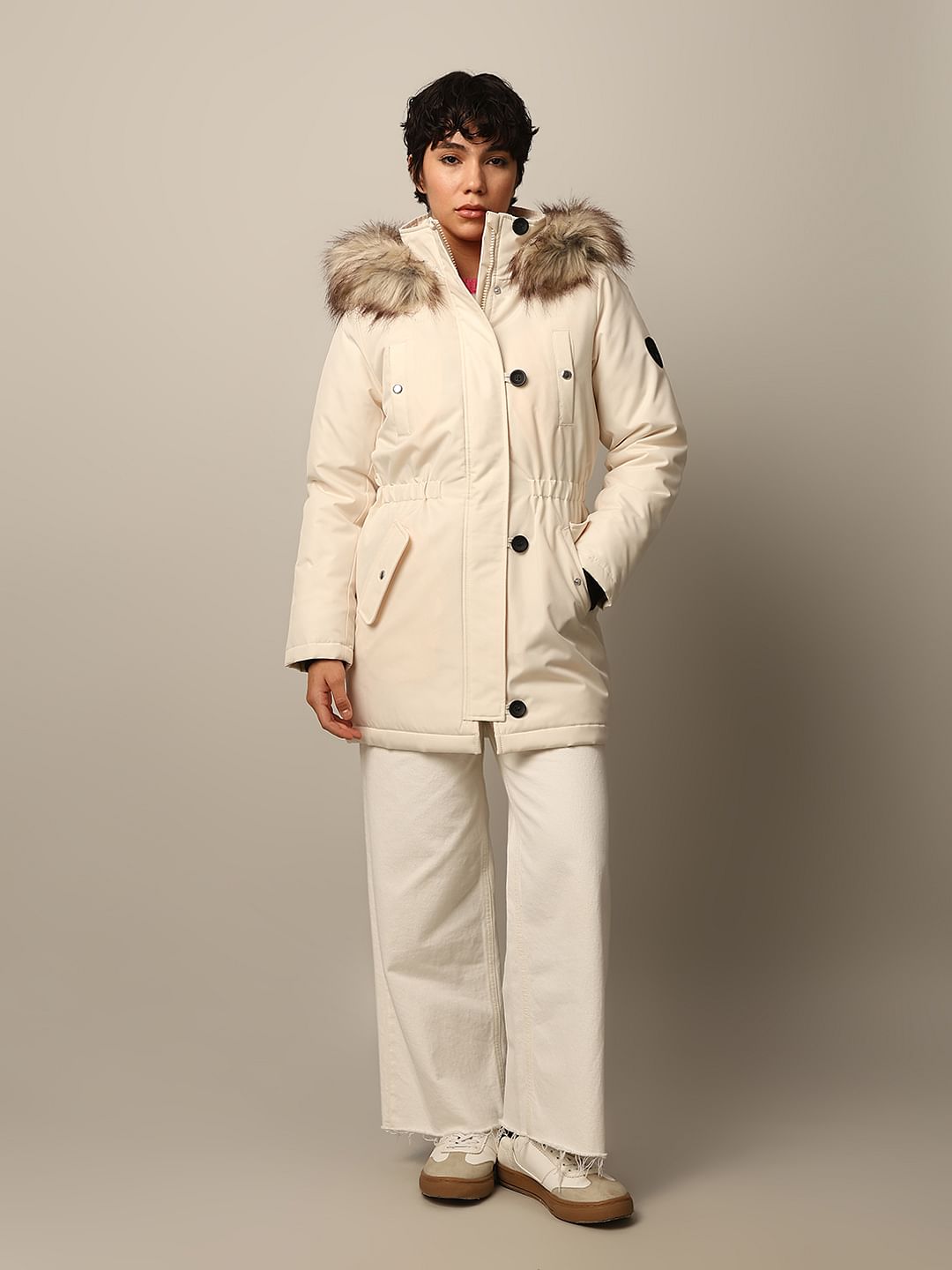 Cream Faux Fur Hooded Parka Jacket