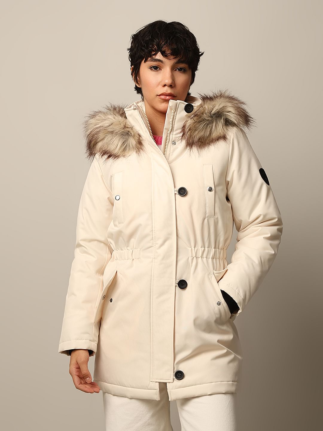 Cream Faux Fur Hooded Parka Jacket