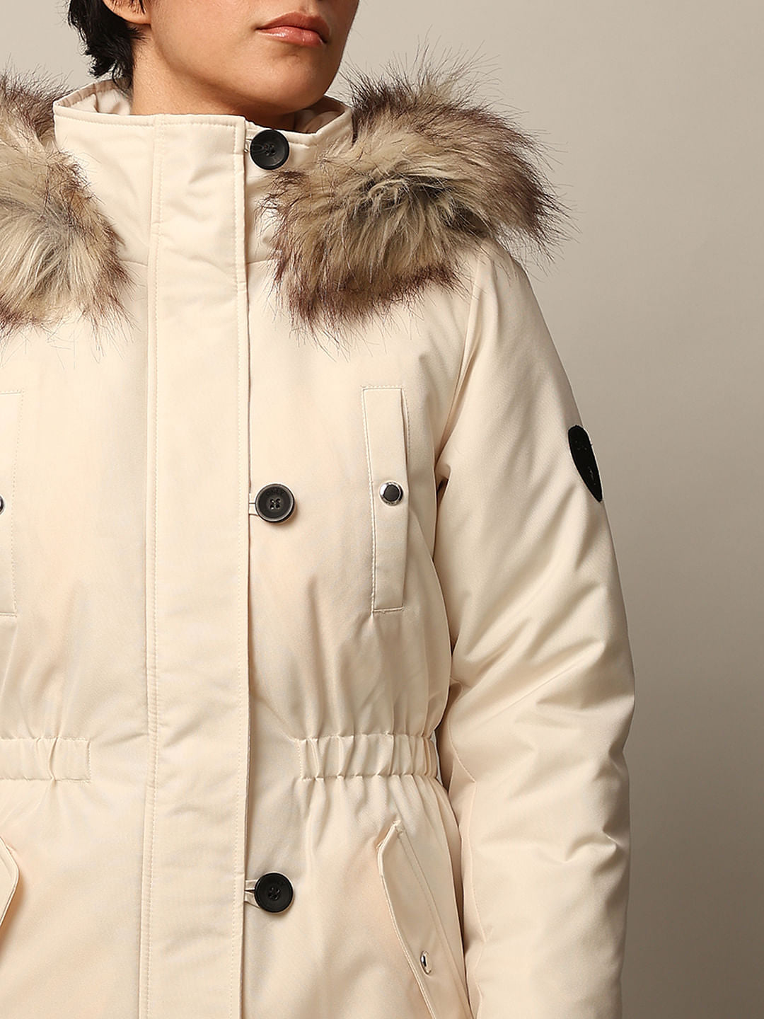 Cream Faux Fur Hooded Parka Jacket