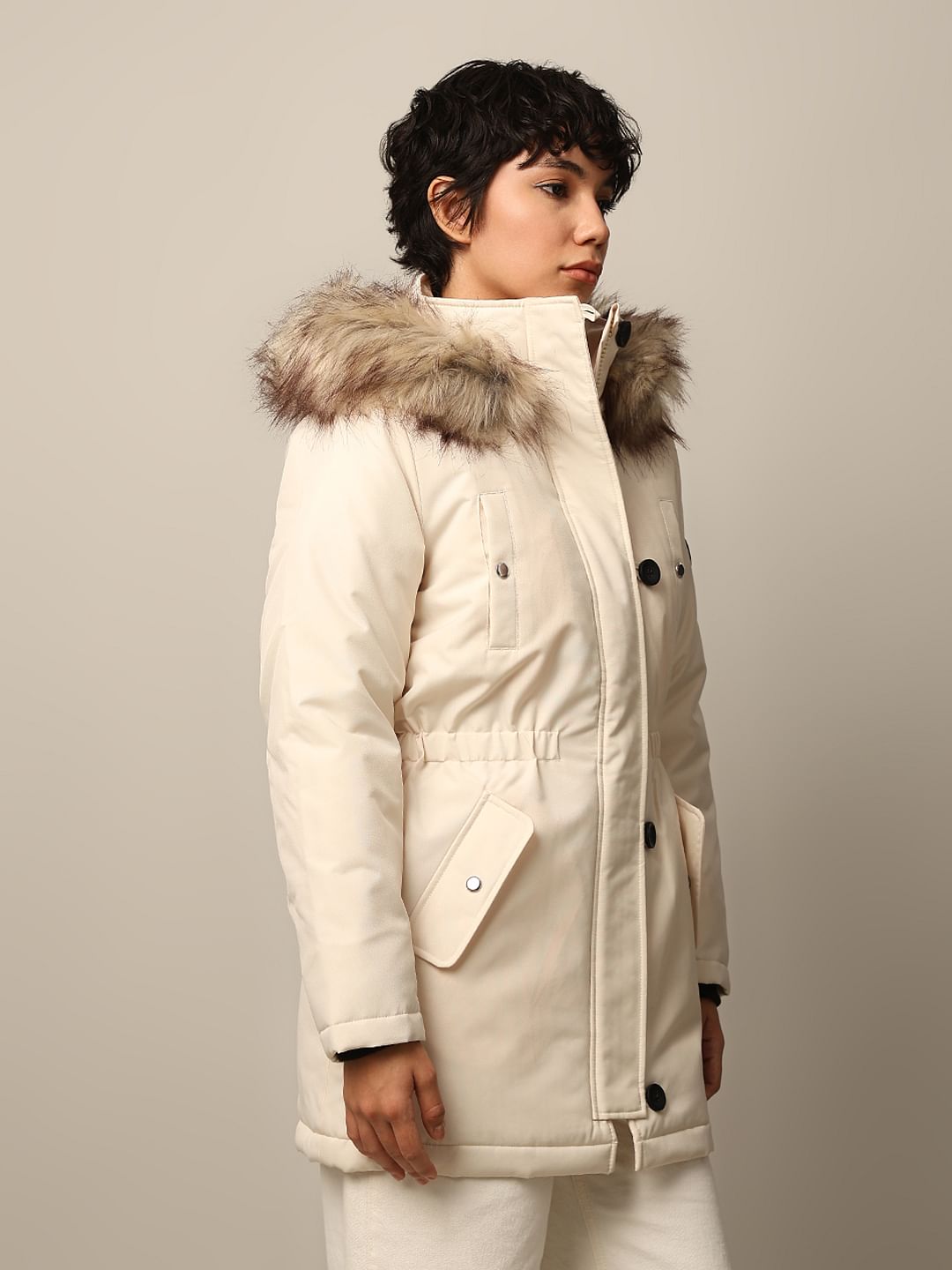 Cream Faux Fur Hooded Parka Jacket