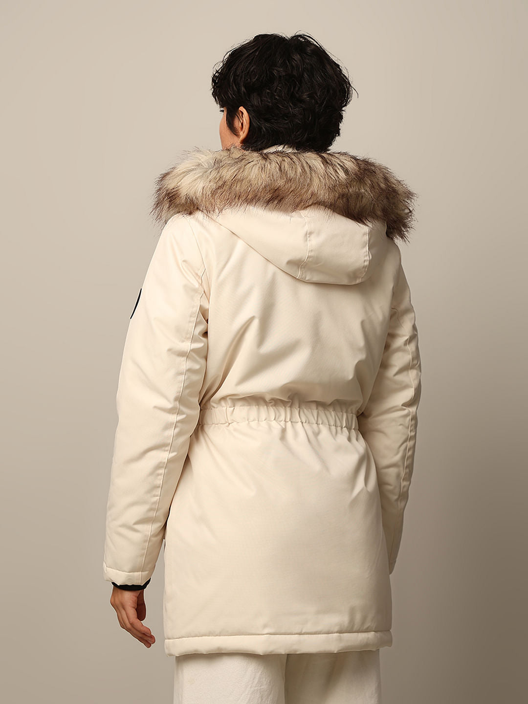 Cream Faux Fur Hooded Parka Jacket