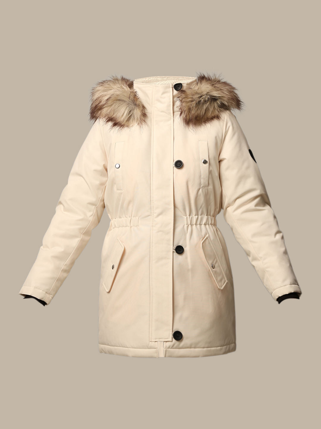 Cream Faux Fur Hooded Parka Jacket