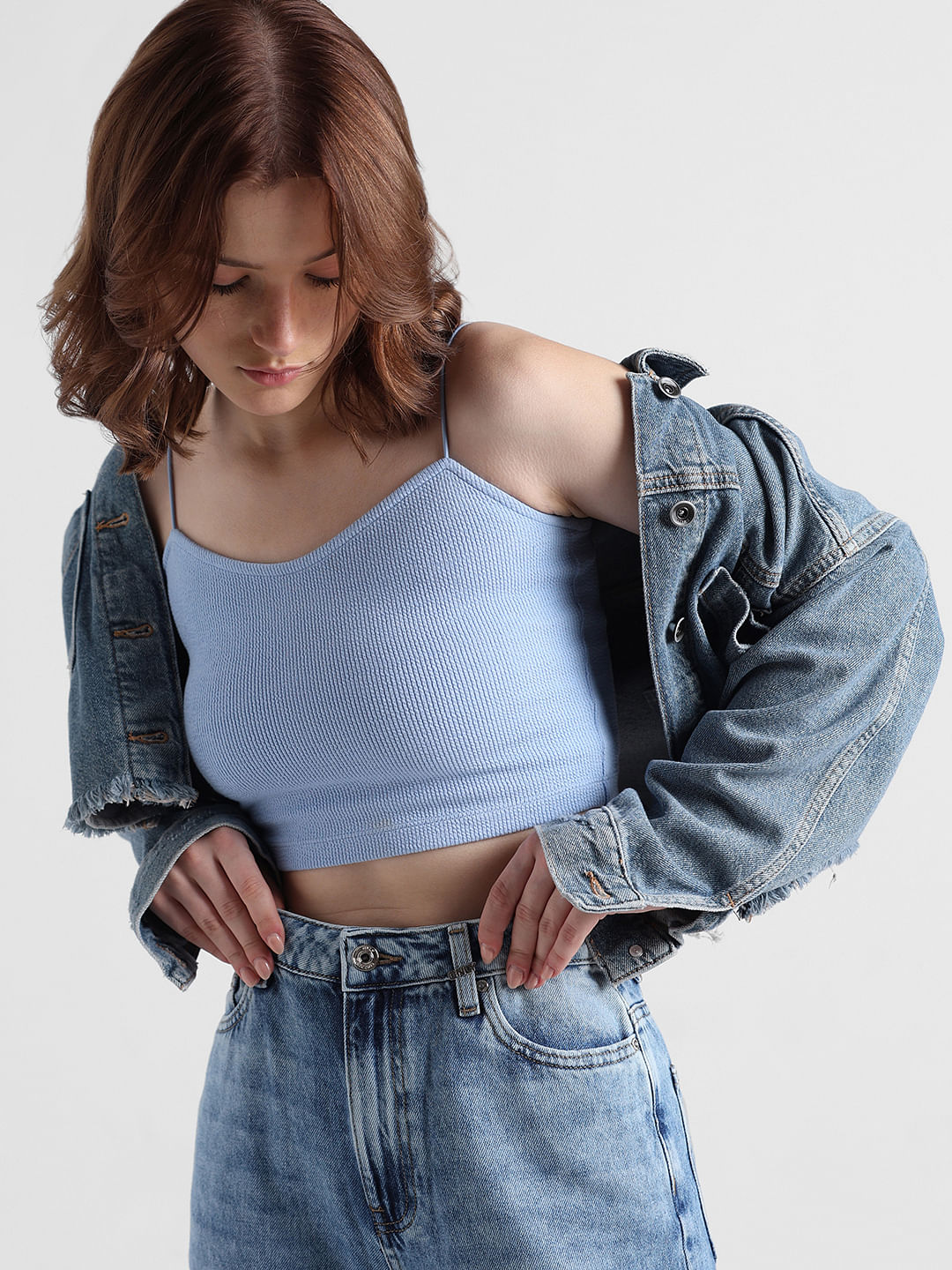 Blue Ribbed Crop Top