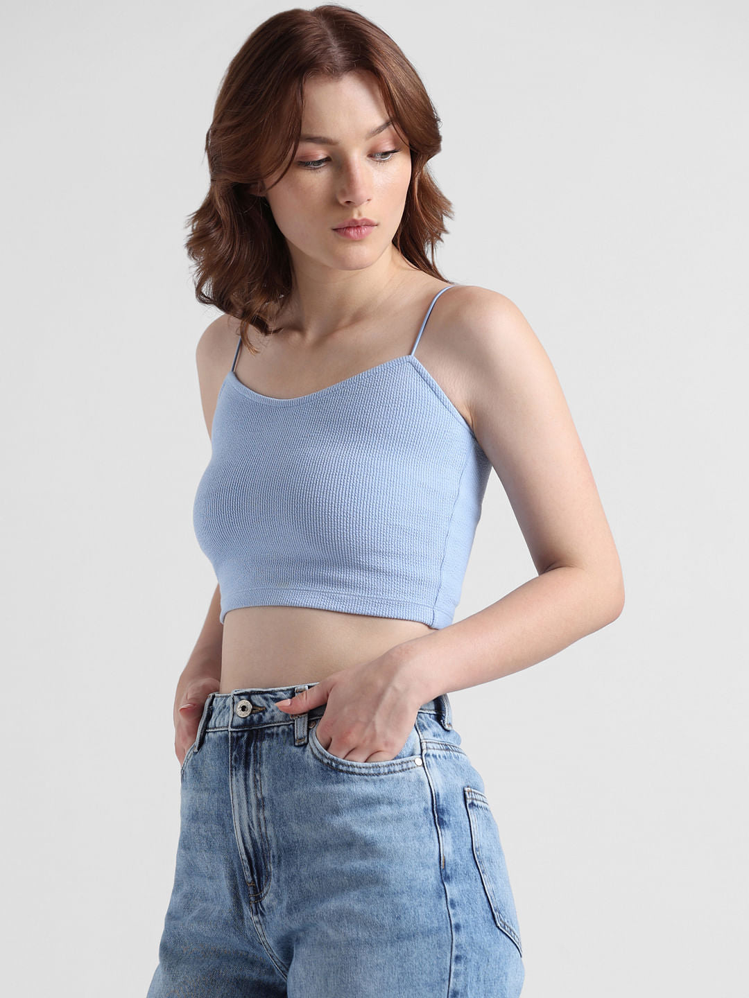 Blue Ribbed Crop Top