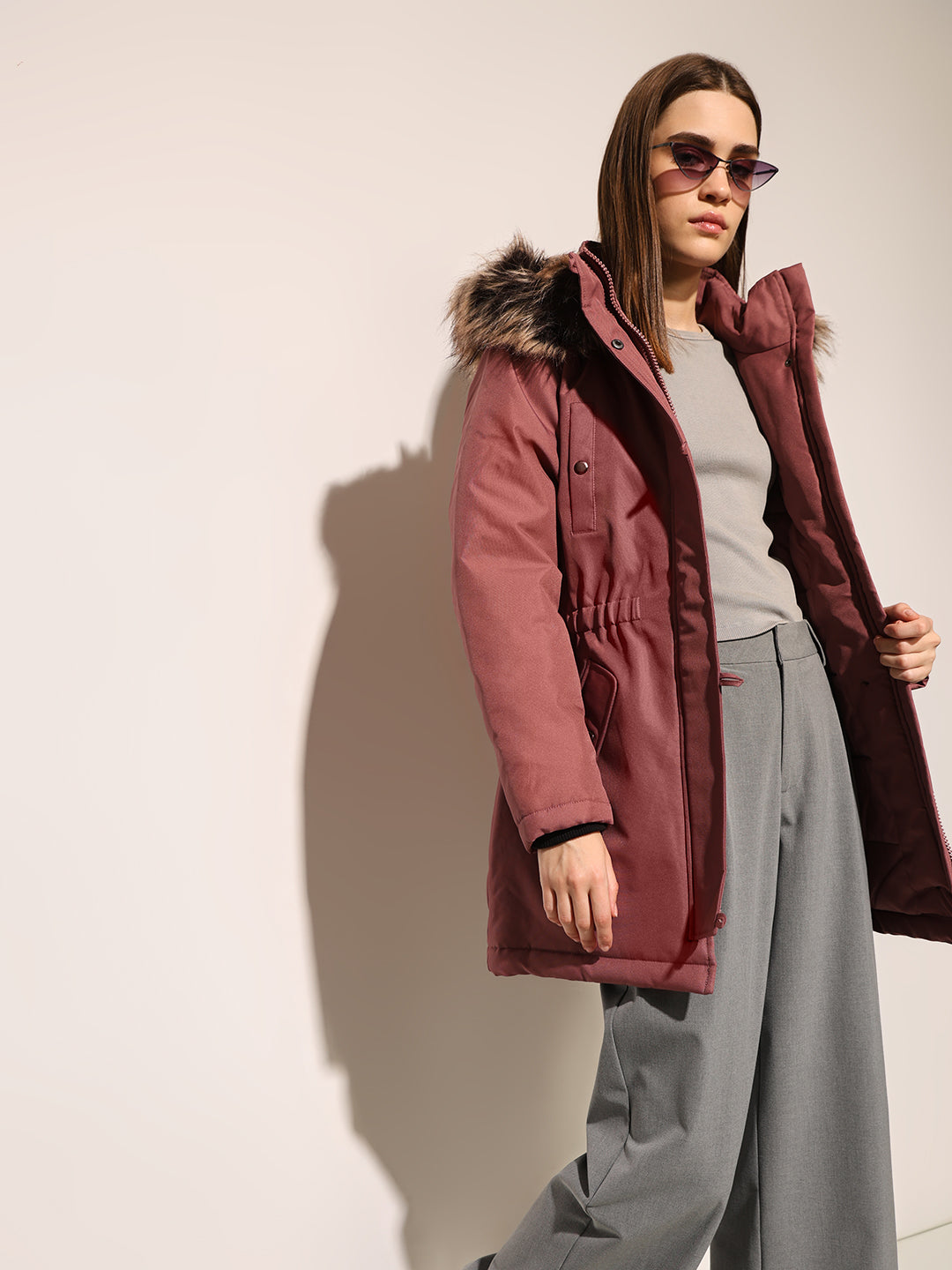 Rose Brown Fur Hooded Parka Jacket