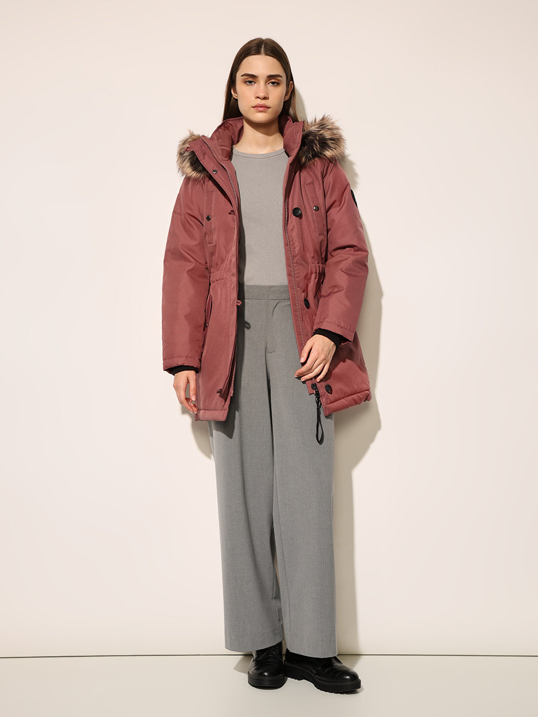 Rose Brown Fur Hooded Parka Jacket