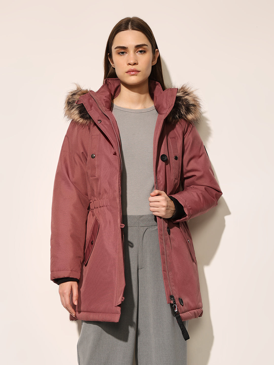 Rose Brown Fur Hooded Parka Jacket