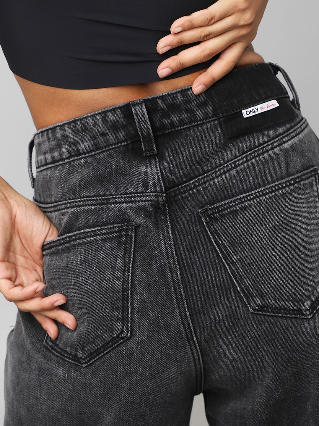 Black High Rise Washed Wide Leg Jeans