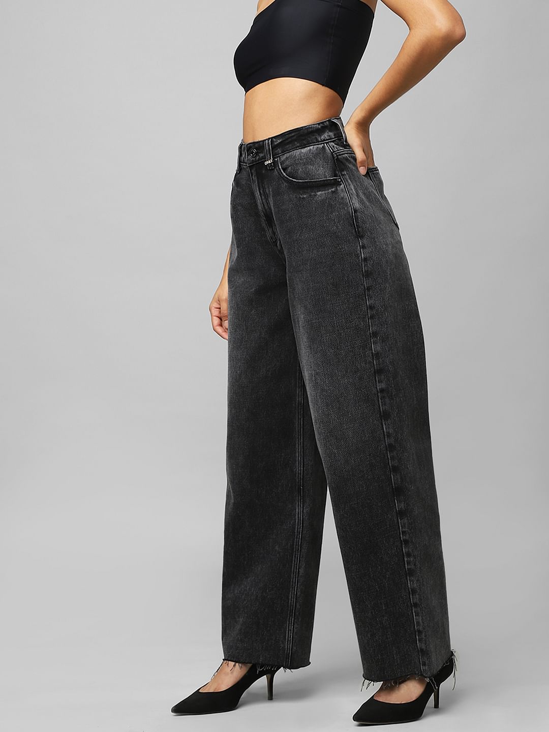 Black High Rise Washed Wide Leg Jeans