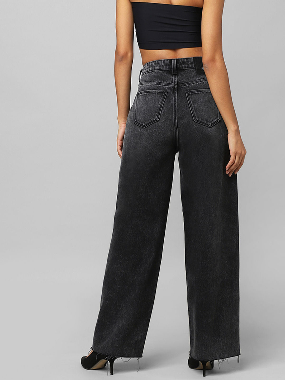 Black High Rise Washed Wide Leg Jeans