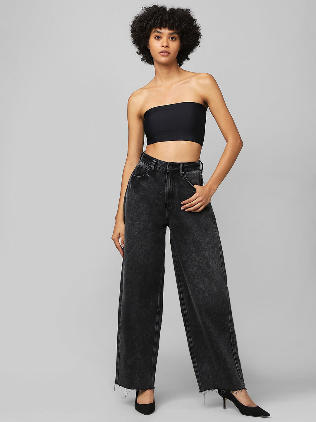 Black High Rise Washed Wide Leg Jeans