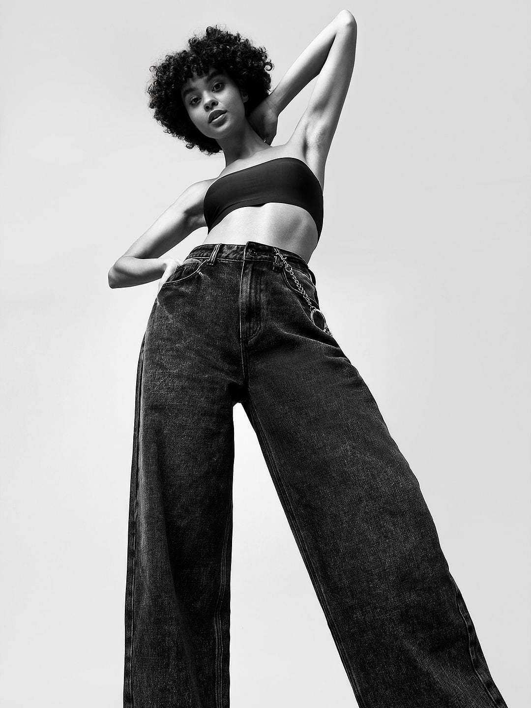 Black High Rise Washed Wide Leg Jeans