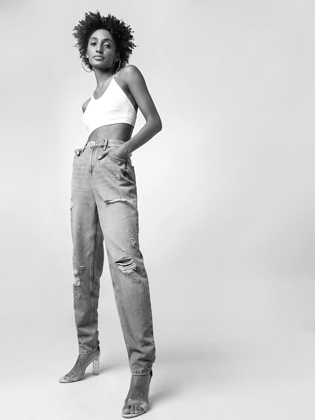 Light Blue High Rise Distressed Mom Jeans