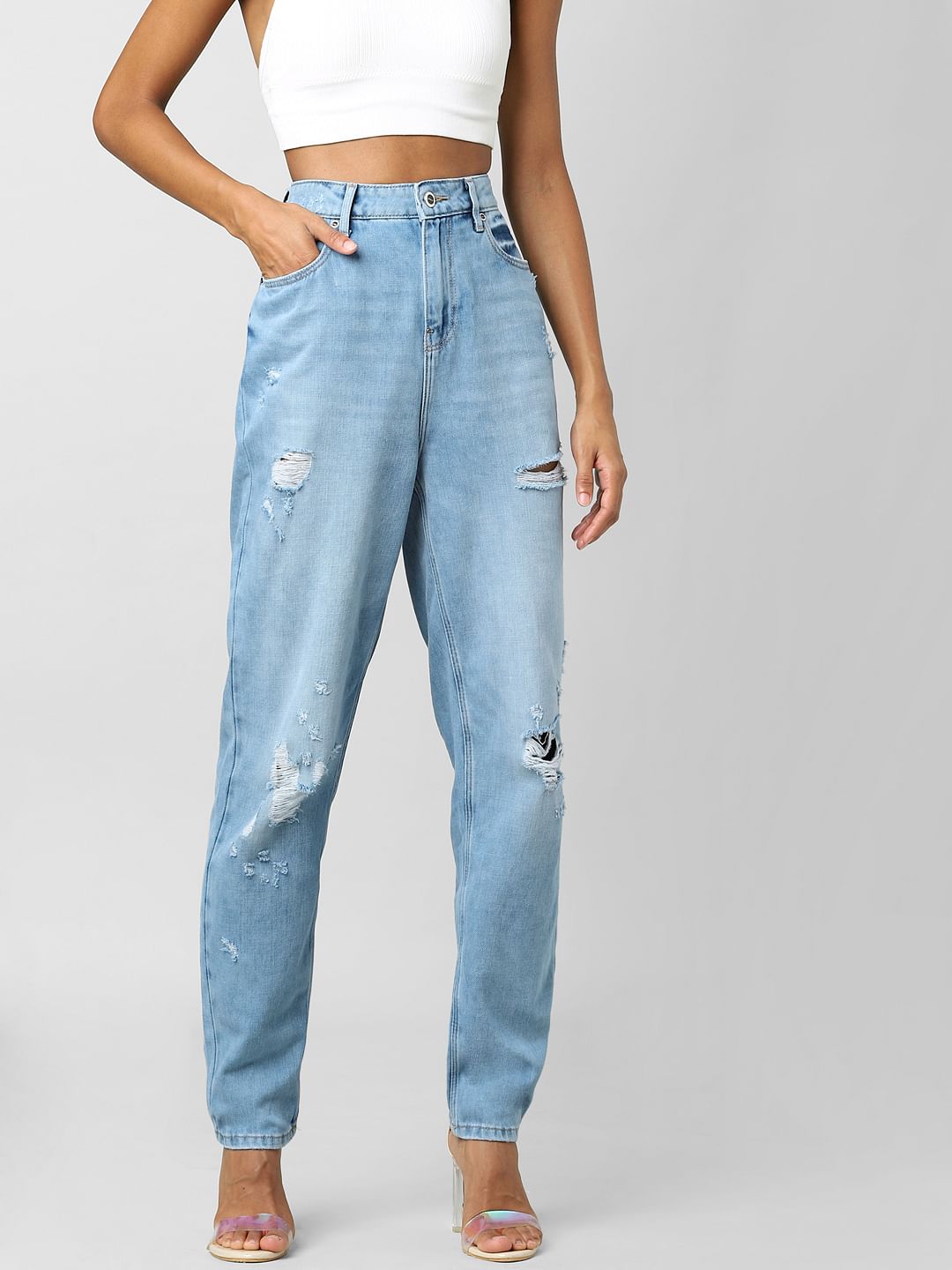 Light Blue High Rise Distressed Mom Jeans