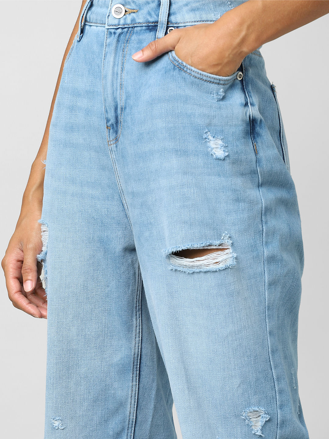 Light Blue High Rise Distressed Mom Jeans