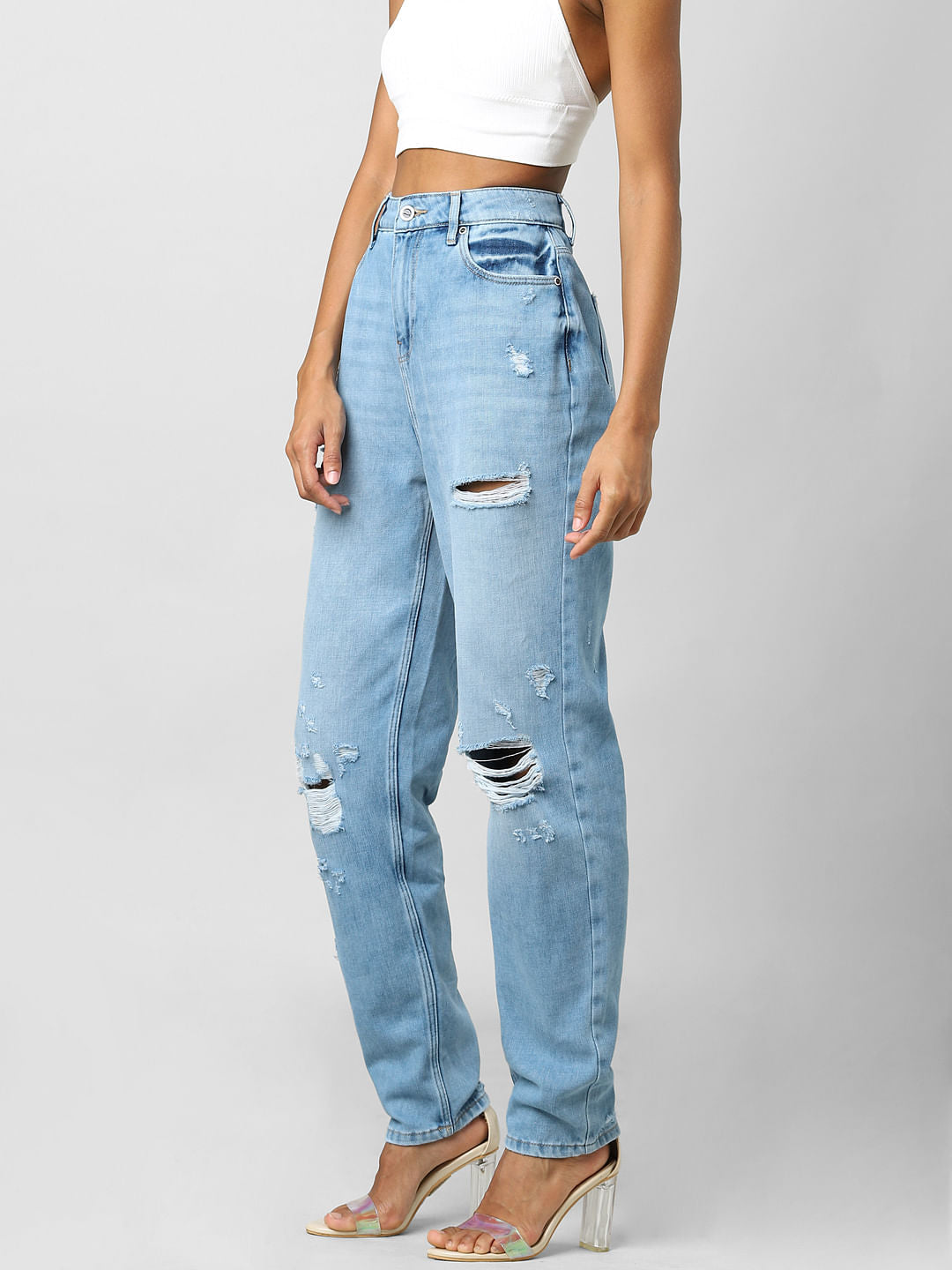 Light Blue High Rise Distressed Mom Jeans
