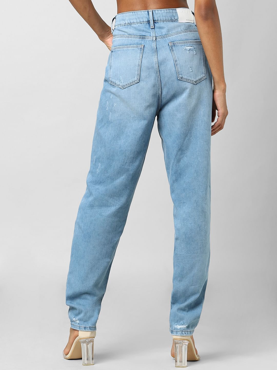 Light Blue High Rise Distressed Mom Jeans