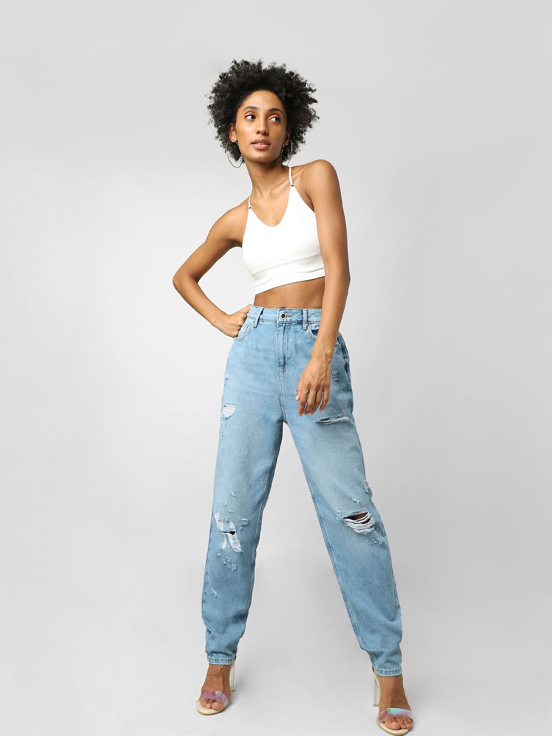Light Blue High Rise Distressed Mom Jeans