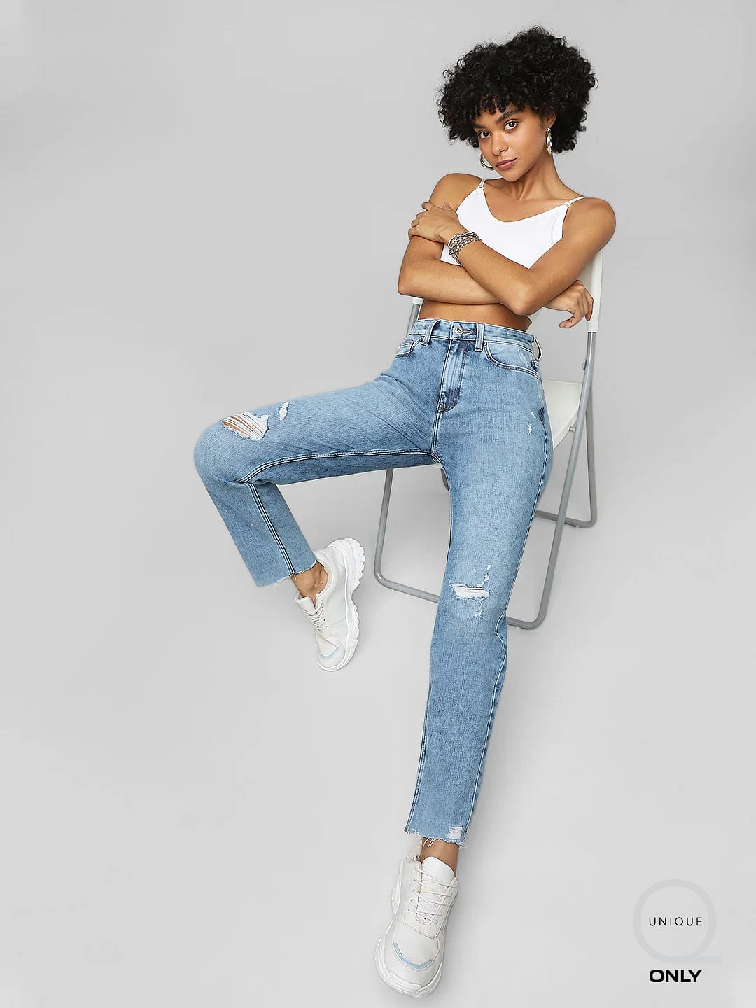 Blue High Rise Distressed Boyfriend Jeans