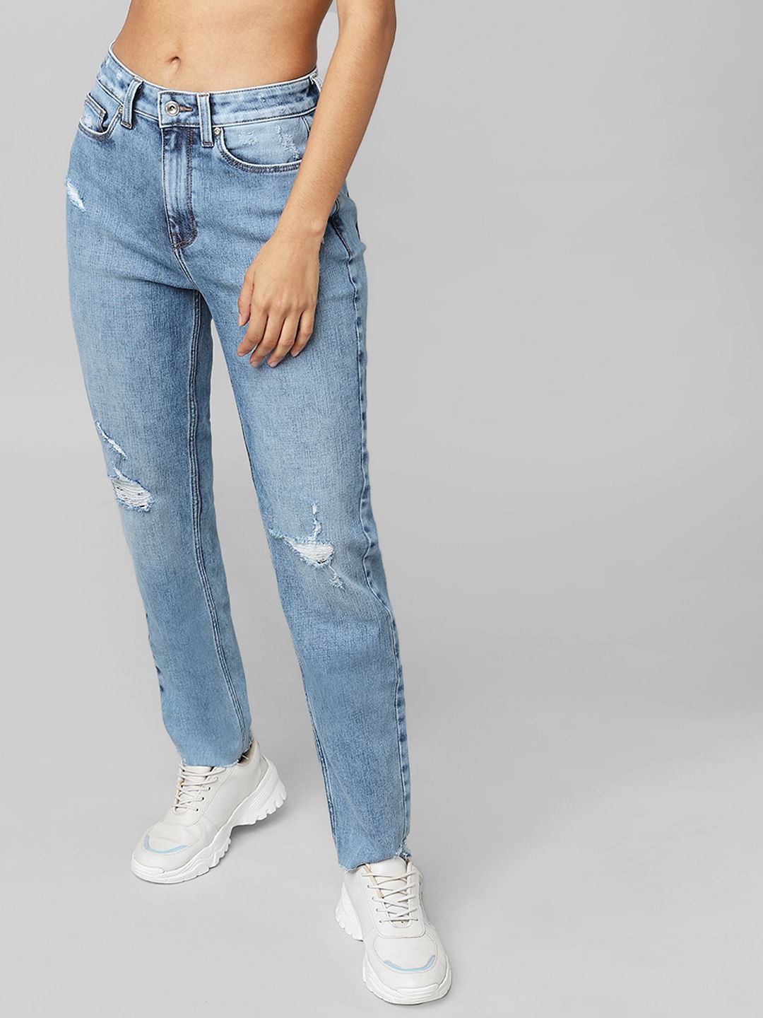 Blue High Rise Distressed Boyfriend Jeans