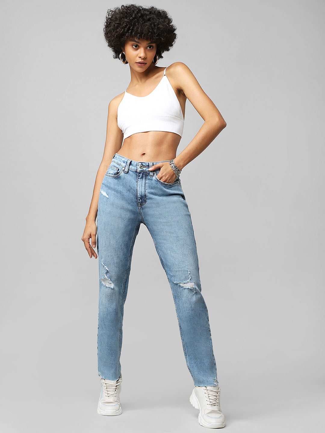 Blue High Rise Distressed Boyfriend Jeans