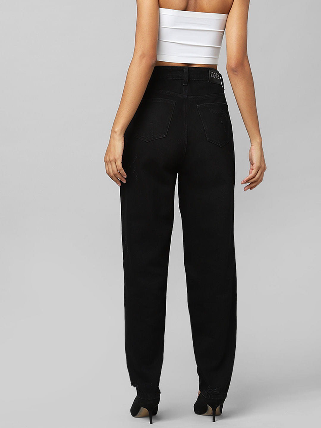 Black High Rise Ripped Mom Jeans