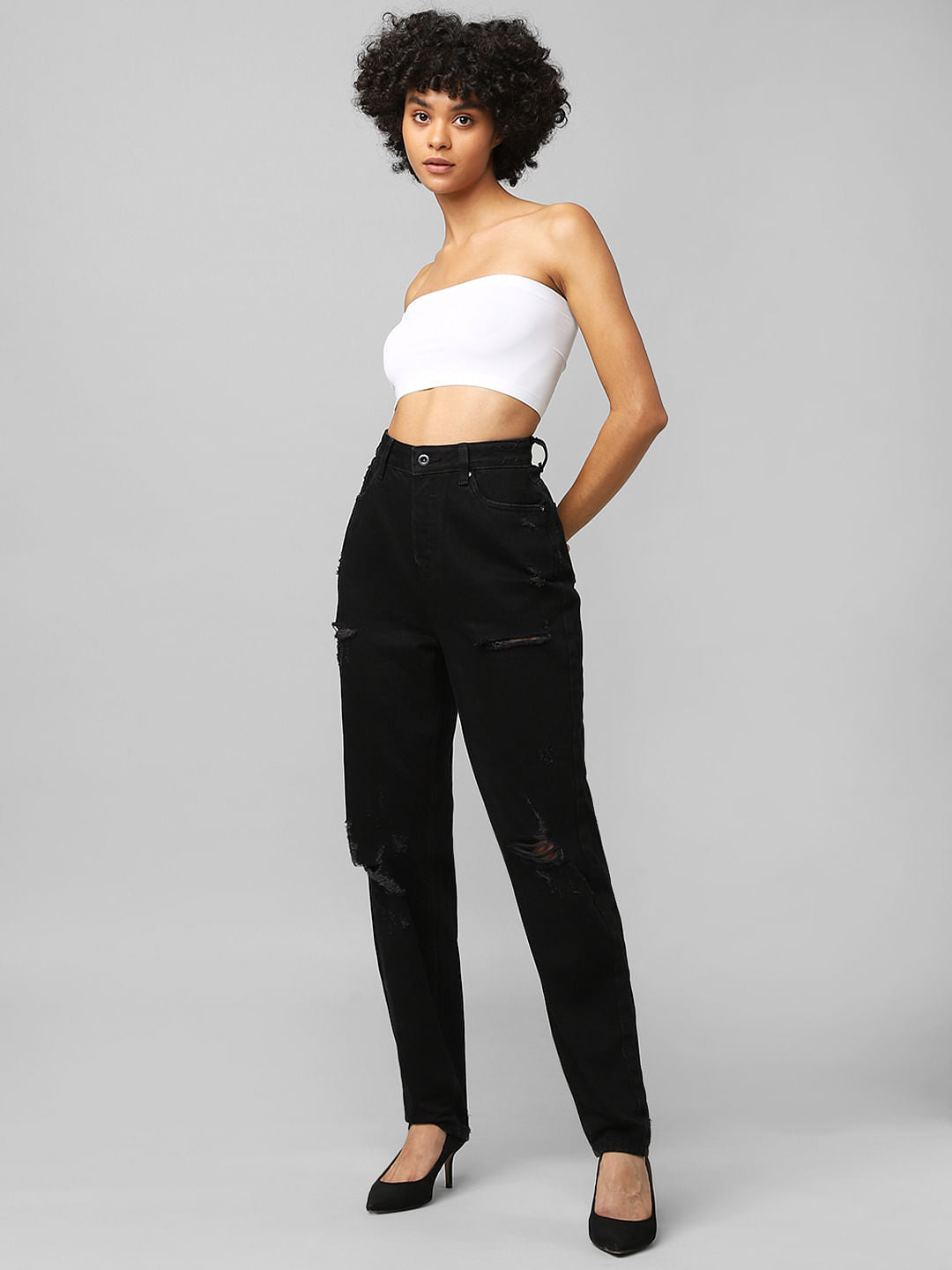 Black High Rise Ripped Mom Jeans