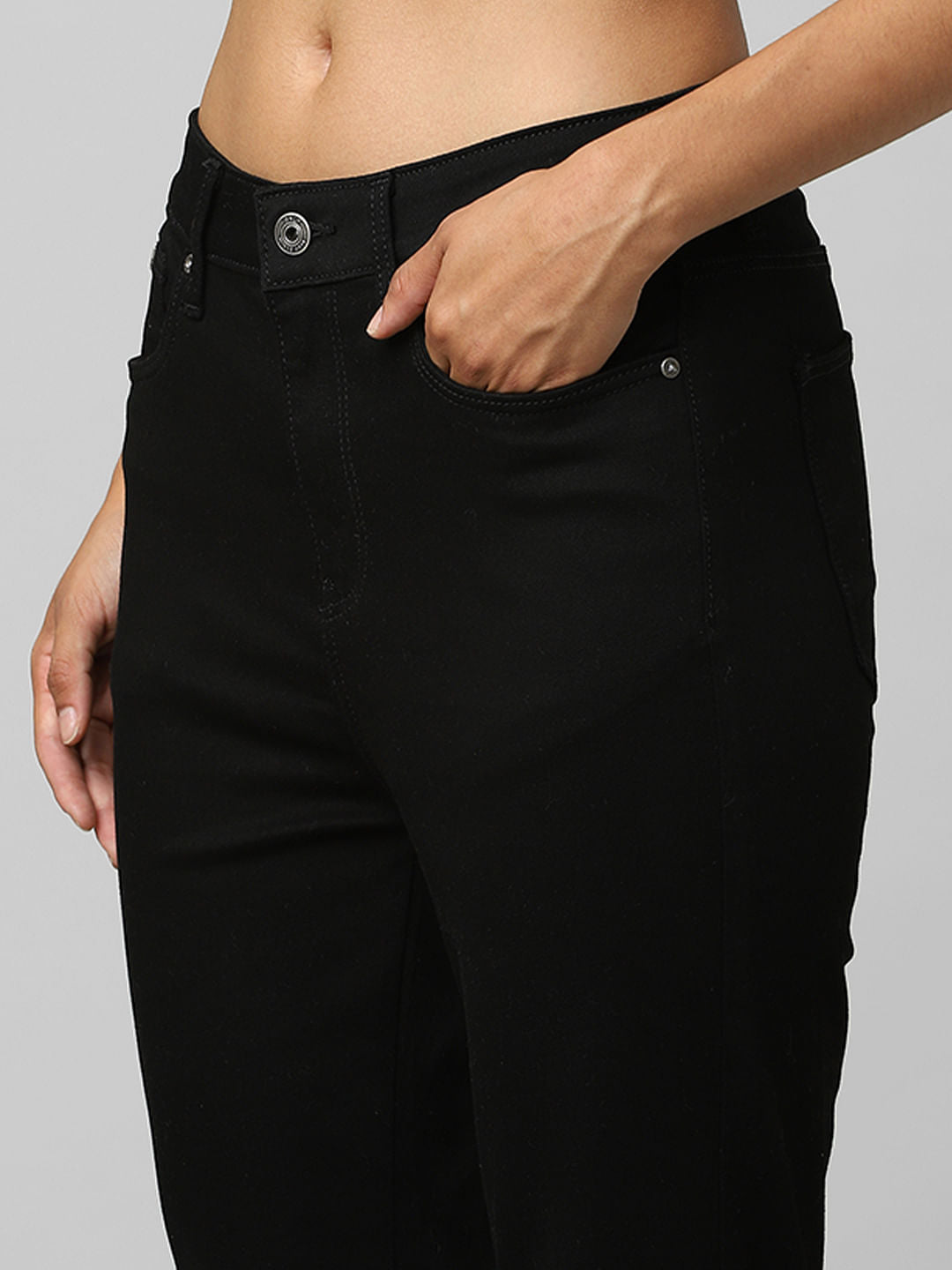 Black Mid Rise Front Slit Flared Jeans