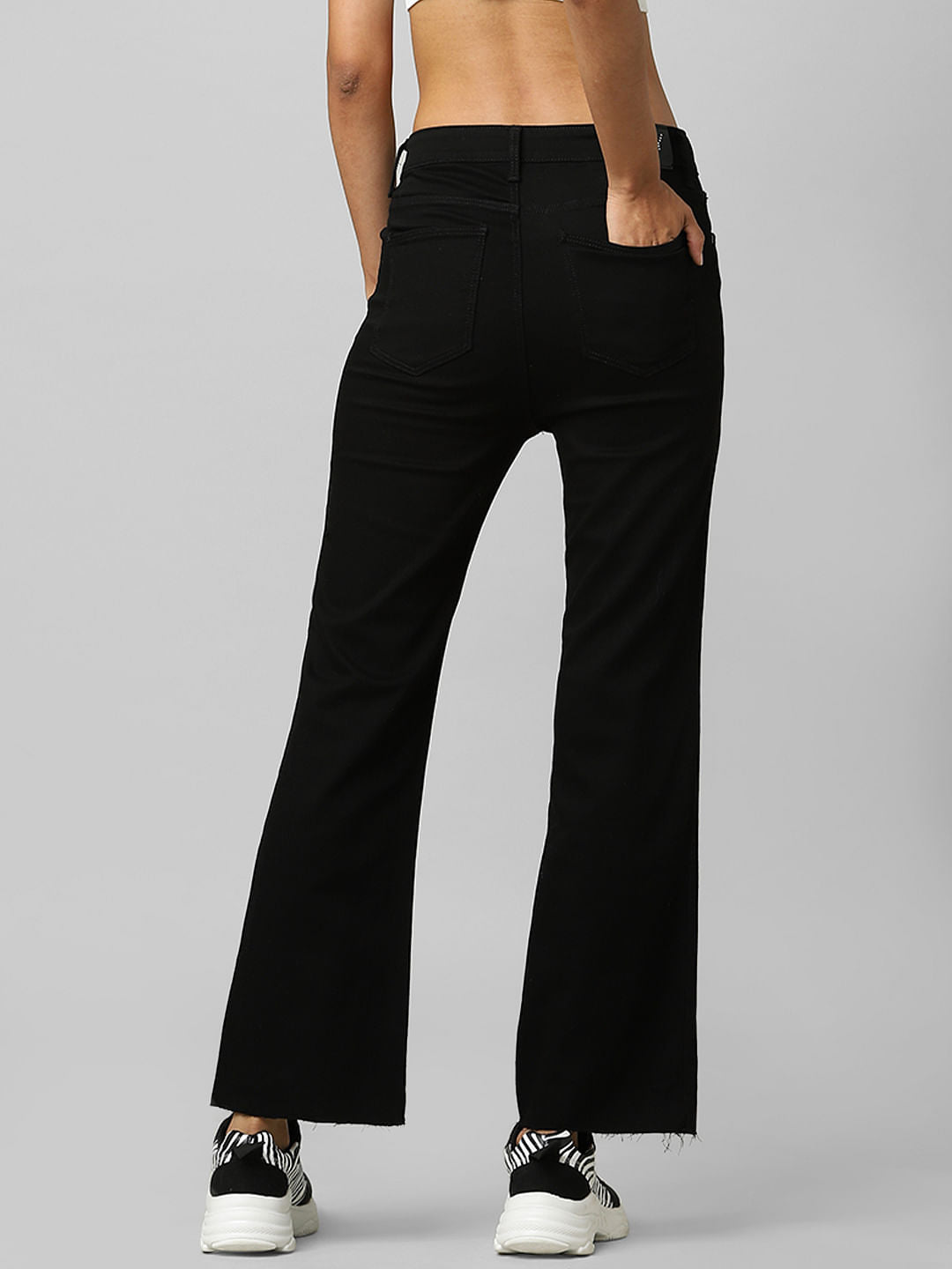 Black Mid Rise Front Slit Flared Jeans