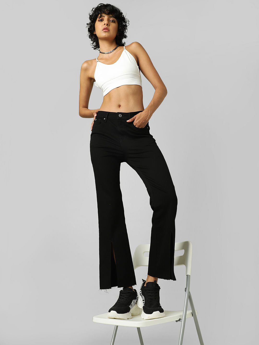 Black Mid Rise Front Slit Flared Jeans
