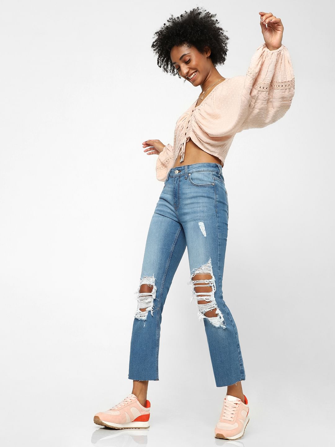 Blue High Waist Distressed Flared Jeans