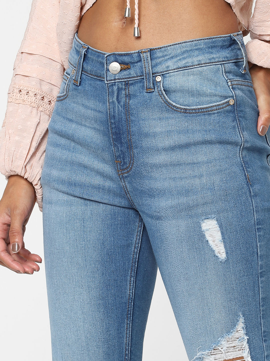 Blue High Waist Distressed Flared Jeans