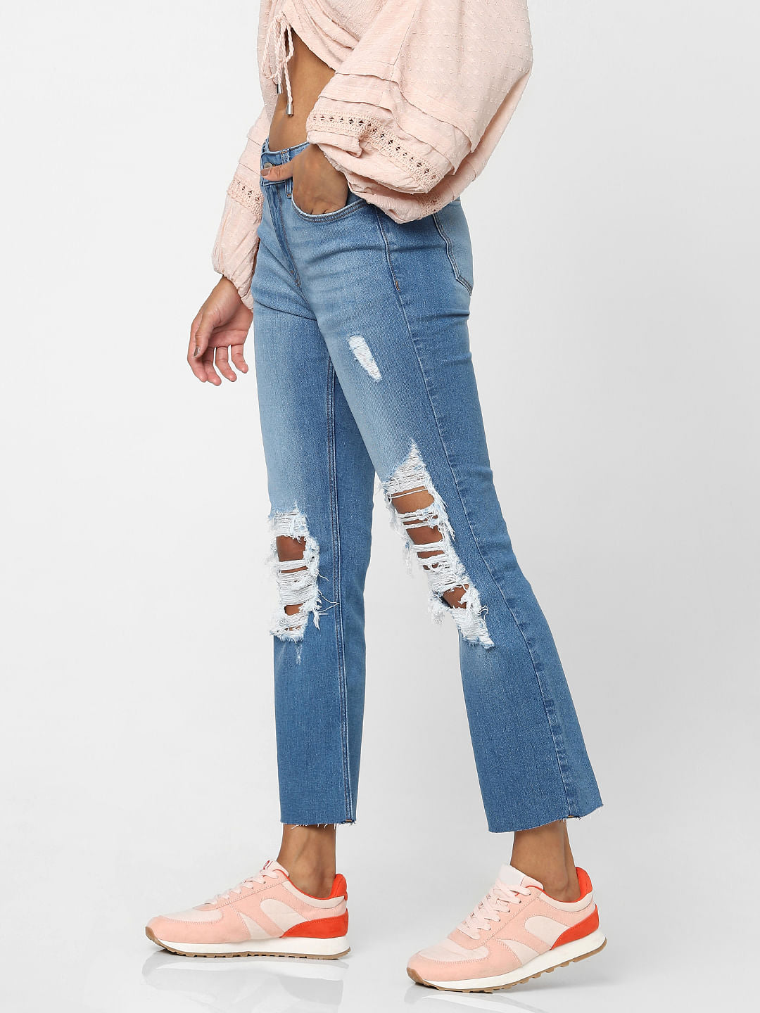Blue High Waist Distressed Flared Jeans
